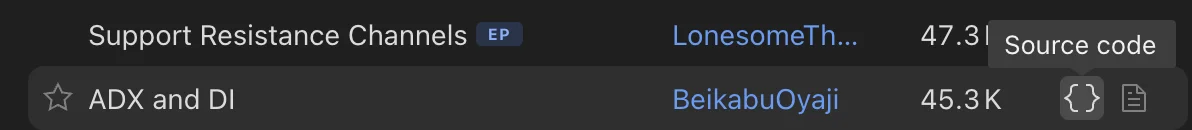 Raden ADX and DI med ikonen Source code markerad