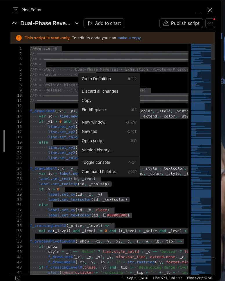 Pine Editor med all kod markerad och högerklicksmenyn öppen med Copy