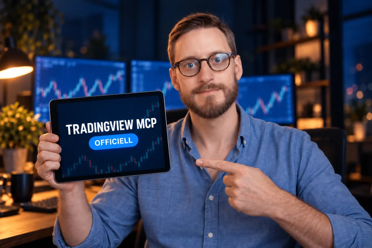 Robin håller upp en surfplatta med texten TradingView MCP officiell framför skärmar med charts