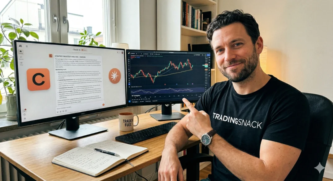 Robin vid skrivbordet med Claude på ena skärmen och TradingView på den andra